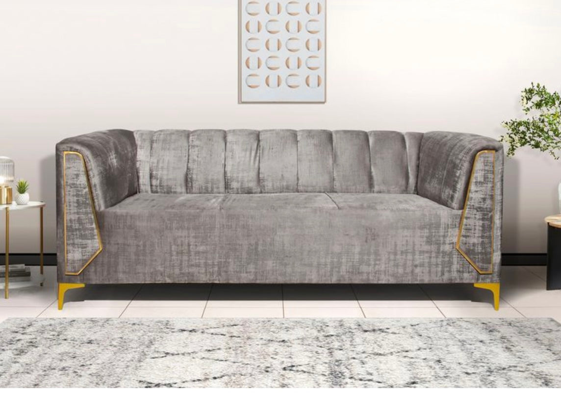 Luxe Velvet Corner Sofa – Grey & Gold Finish
