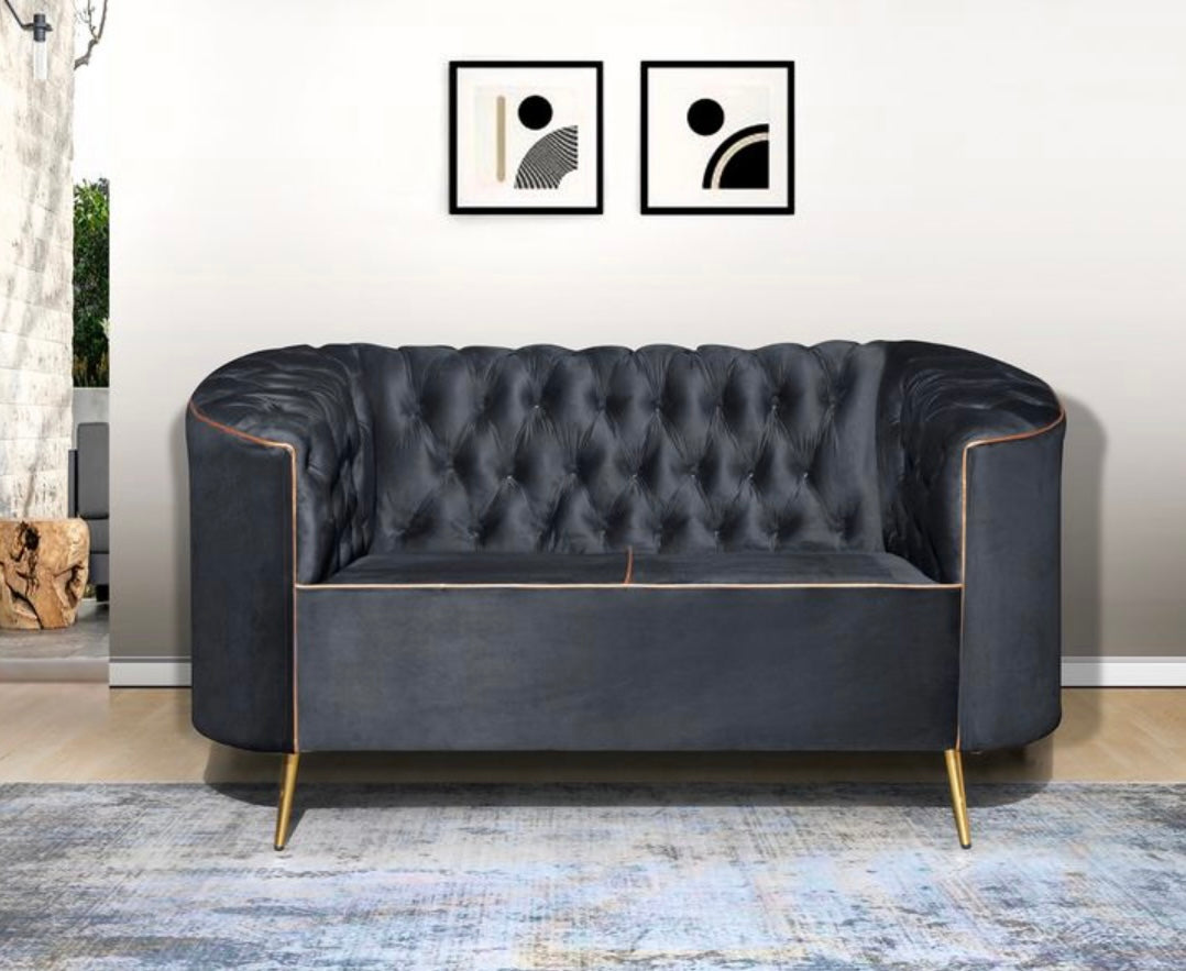 Chester Luxe Velvet Sofa – Grey with Gold Accents