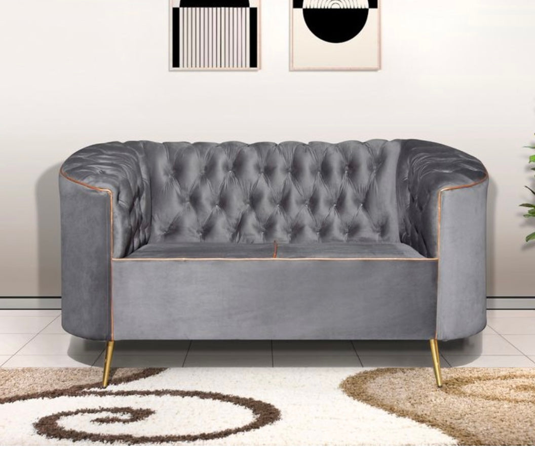 Chester Luxe Velvet Sofa – Grey with Gold Accents
