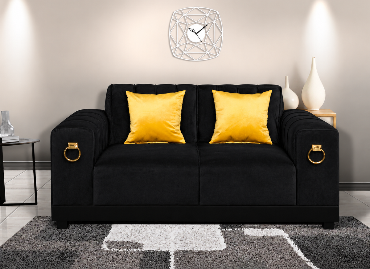 Luxury Black Velvet 2-Seater Sofa with Gold Ring Accents