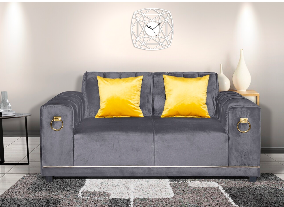Luxury Black Velvet 2-Seater Sofa with Gold Ring Accents