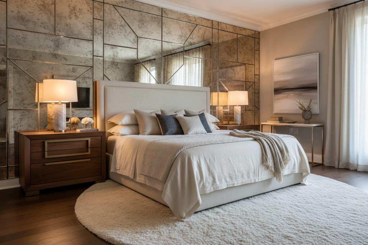 bedroom interior with mirror headboard 